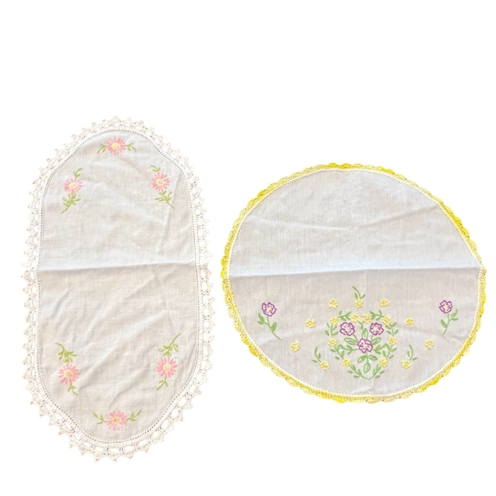Handmade Embroidered Dresser Scarf Set Of 2 Crochet Trim Floral Colorful